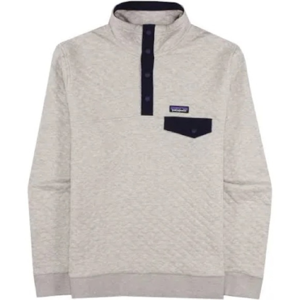 Patagonia women’s M snap-T quilted pullover birch white with blue accents